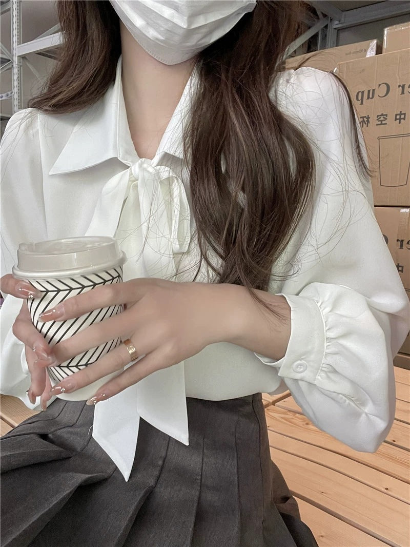 French-Style Bowknot Blouse – Chic Long-Sleeve Top