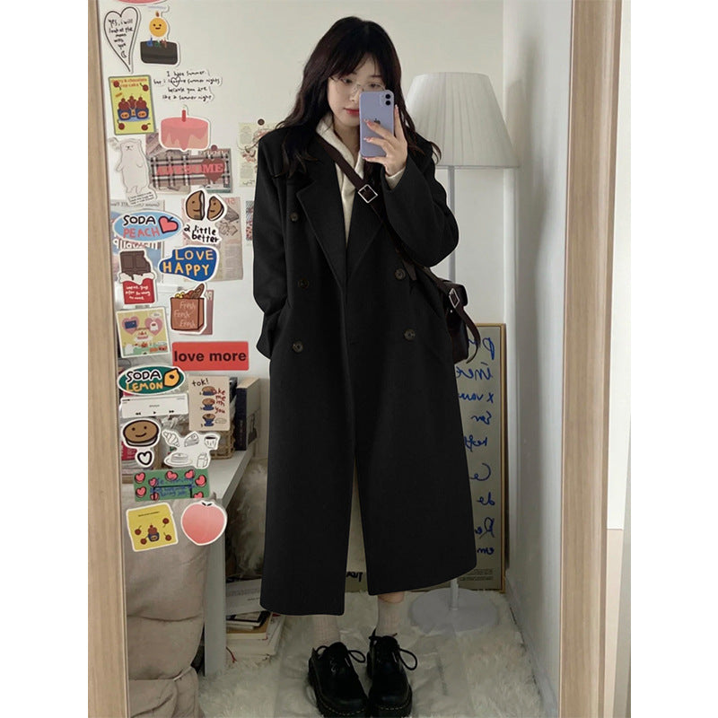 Black Preppy Mid-Length Woolen Coat Women