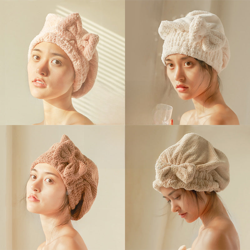 Pineapple Plaid Coral Fleece Hair-Drying Cap with Bow