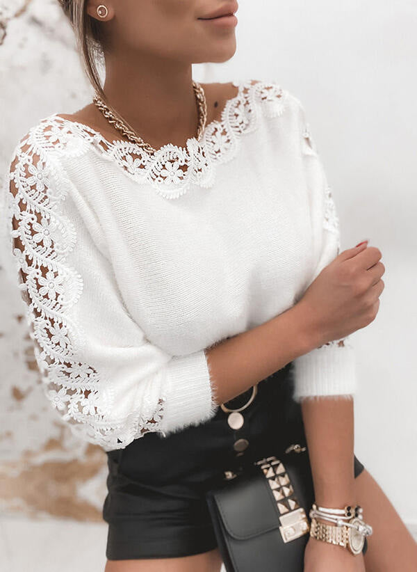 Women's Off-Shoulder Hollow-Out Patchwork Knit Sweater