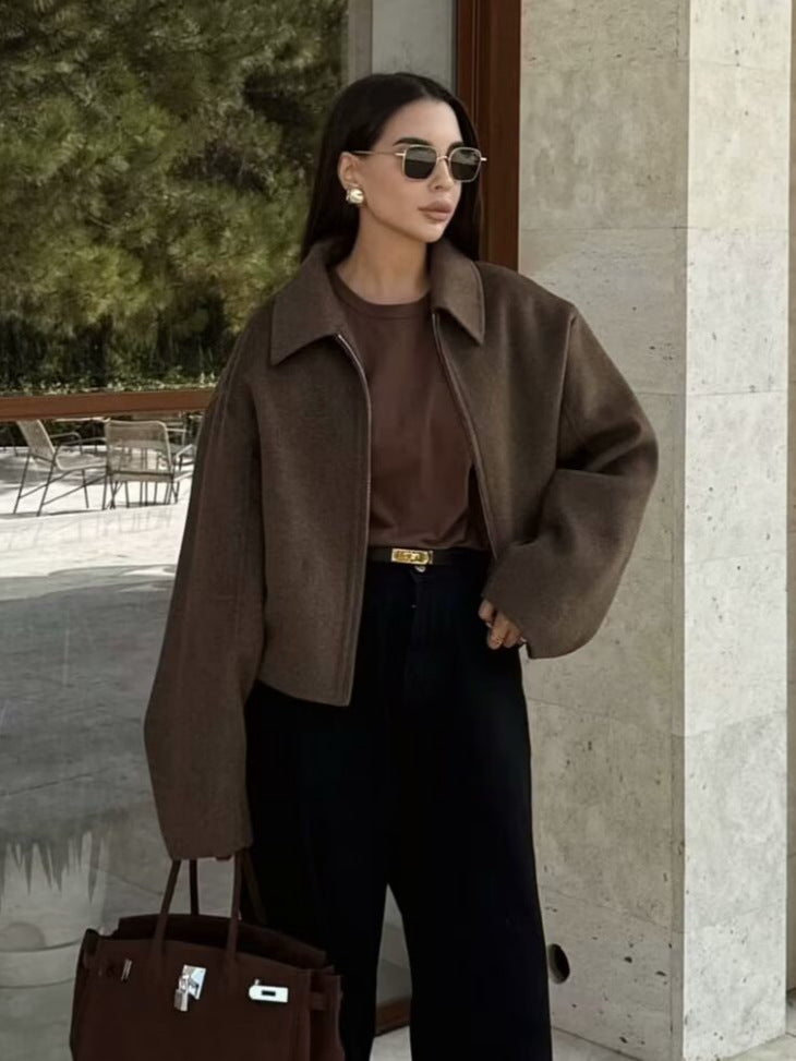 Wide Zipper Solid Color Woolen Coat for Women