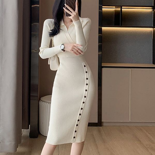 Slim Fit Polo Collar Knit Sweater Dress Women