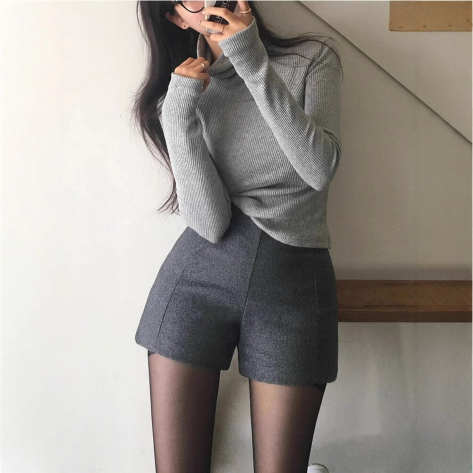 Grey High Waist Woolen Shorts Slim Fit Winter Women