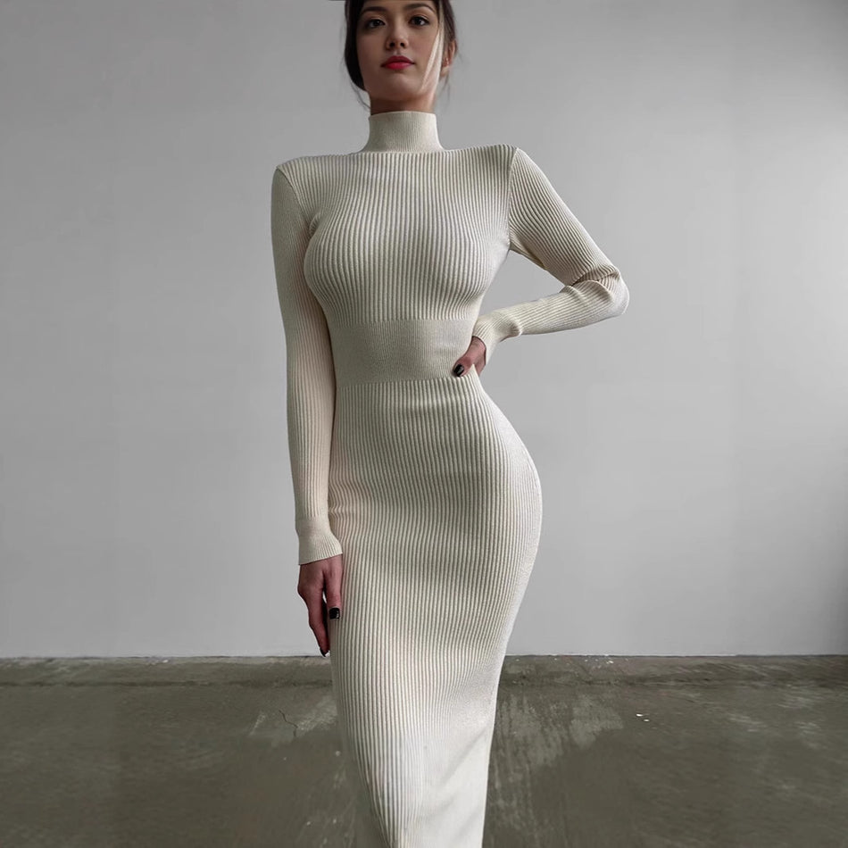 Black Semi-High Collar Knitted Dress Mid-Length Women