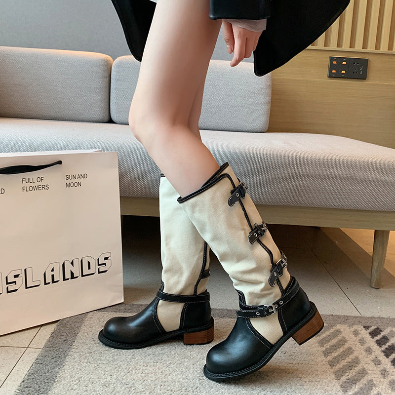 Women's Long Knight Boots Belt Buckle Chunky Heel Fashion
