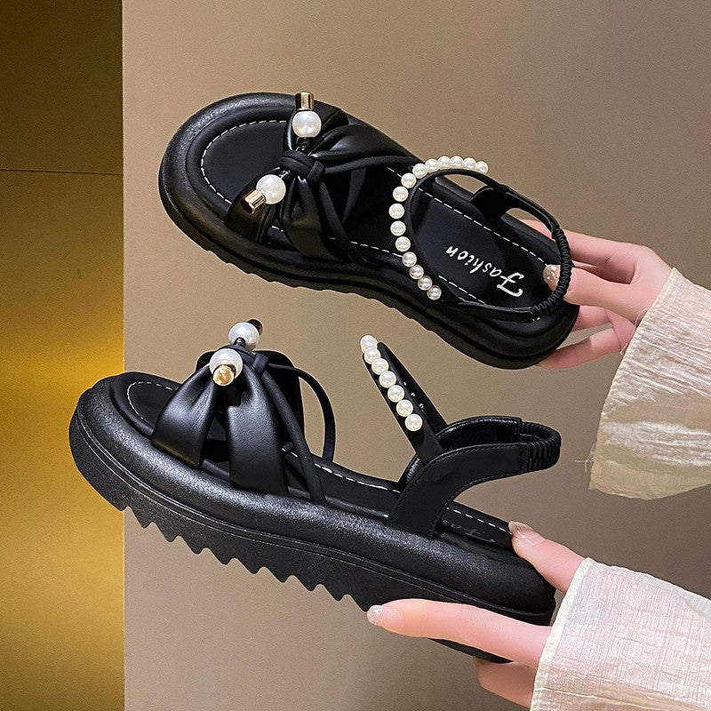 2025 Fairy Style Pearl Thick-Sole Beach Sandals for Women