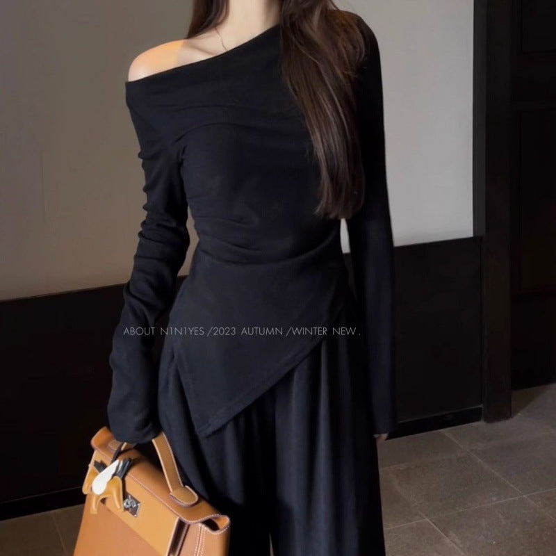 Apricot Off-Shoulder Slim Top – Irregular Cut Design