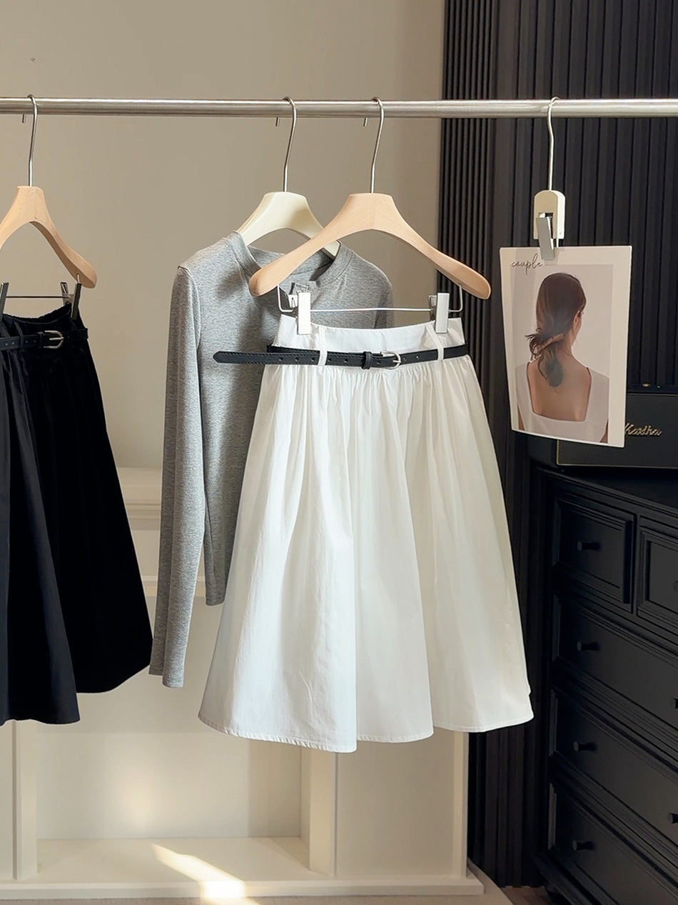 High-Waisted White Academy-Style A-Line Midi Skirt