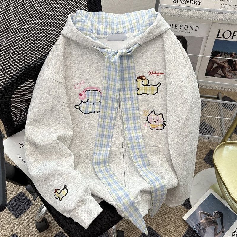 Puppy Embroidered Plus Velvet Sweatshirt