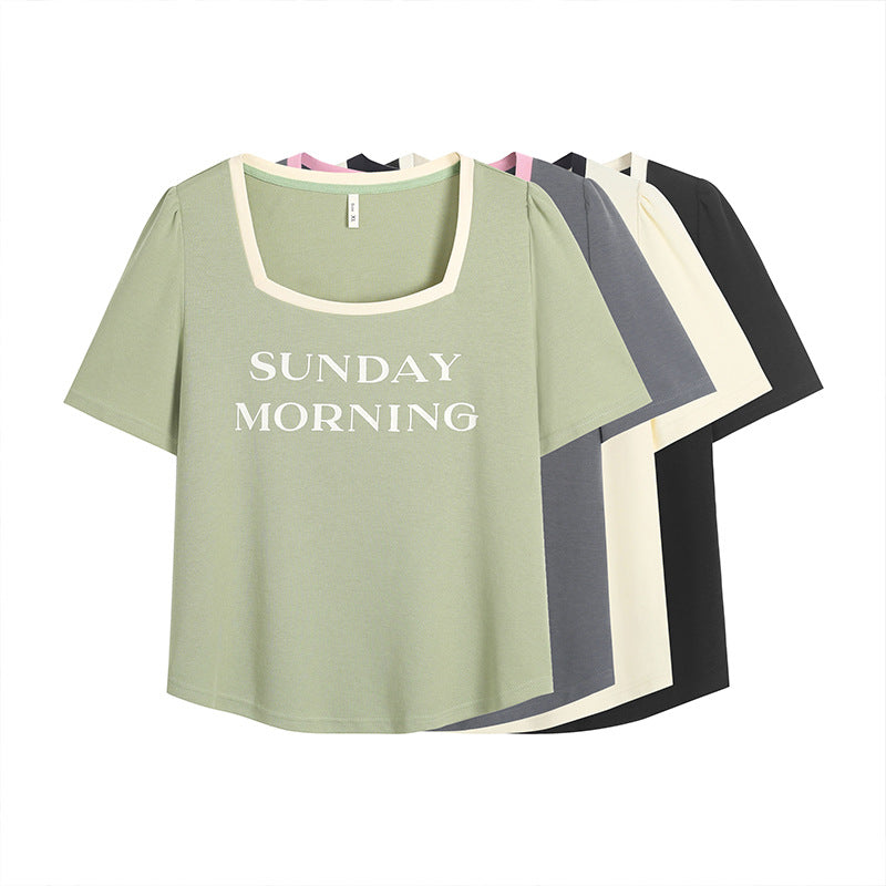 Plus Size Contrast Print Square Collar T-shirt – Slim Fit 62522