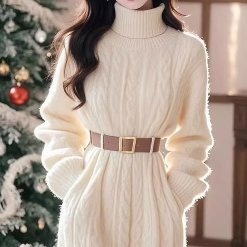 High-Collar Cable Knit Dress