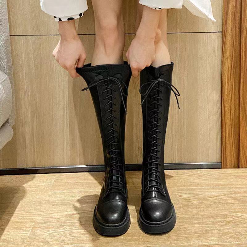 Black Lace-Up Knee-High Martin Boots