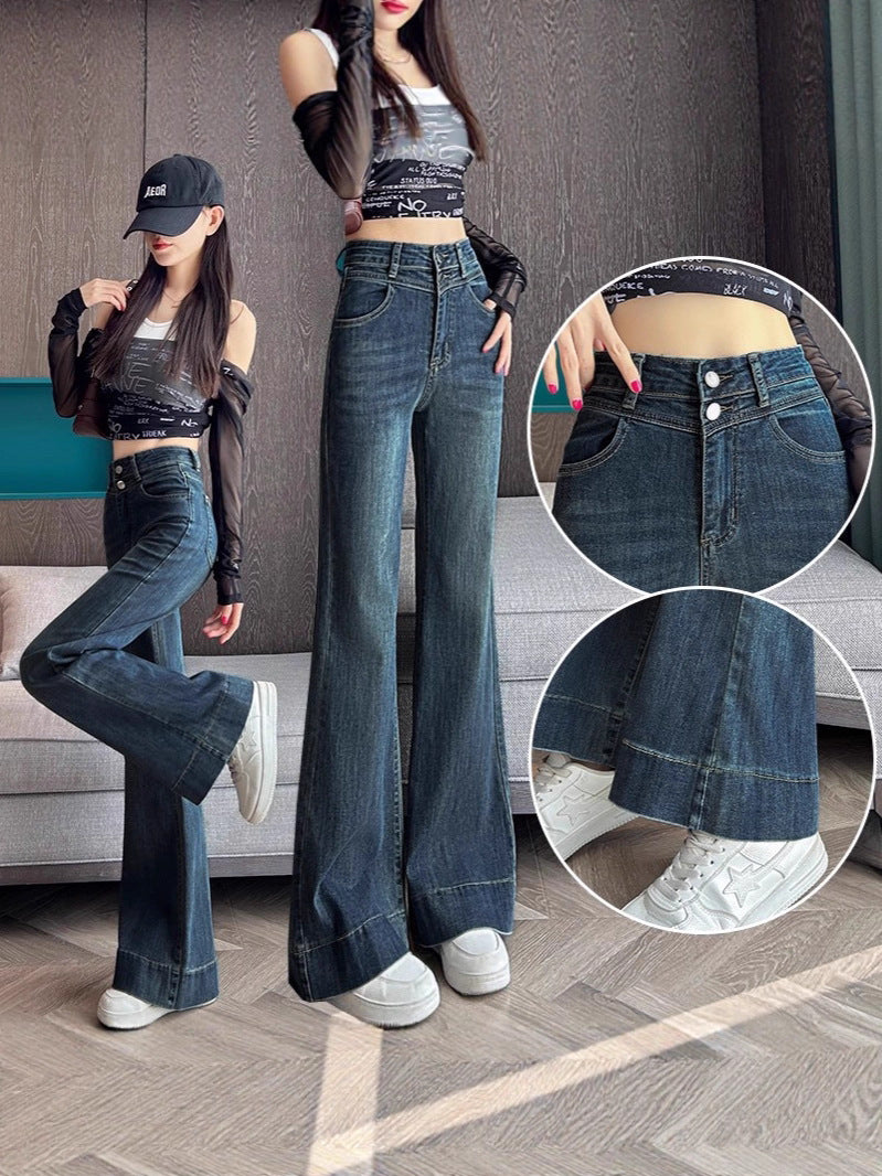 Women High Waisted Straight Leg Jeans Elastic Wide Pants