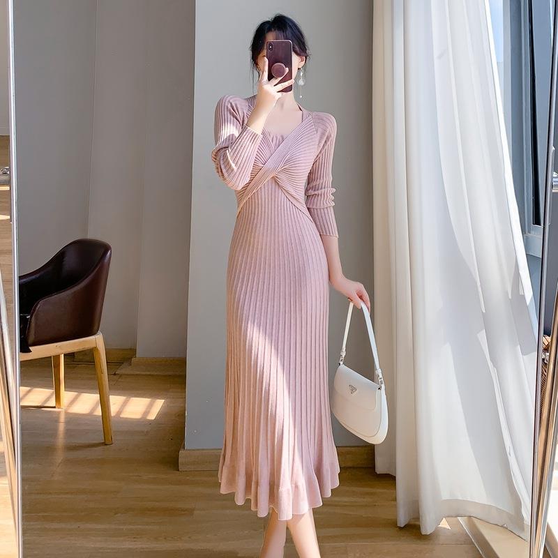 French Style Long Hip-Wrap Fishtail Sweater Dress
