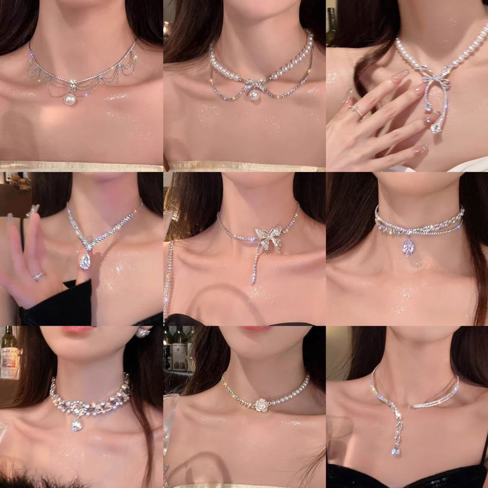 Exaggerated Diamond Bow Pearl Necklace – Glam & Graceful