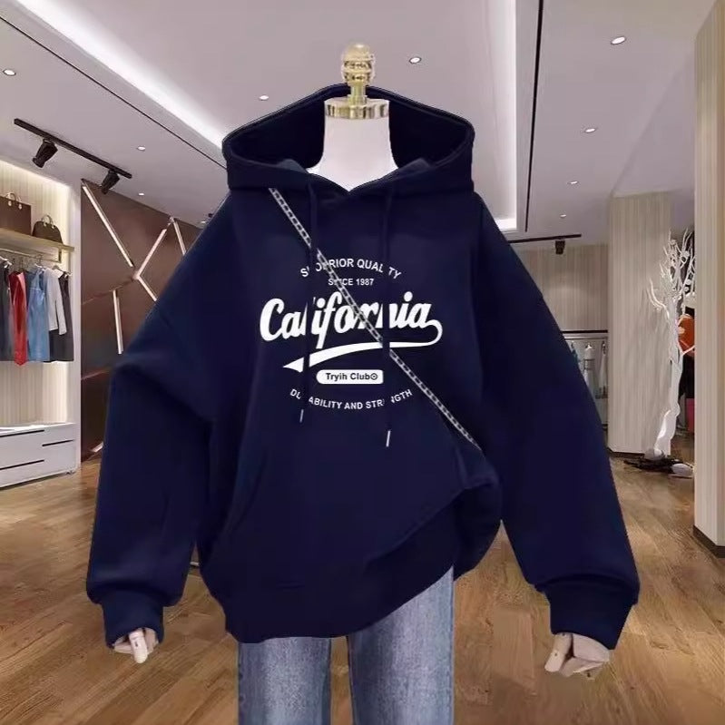Women Velvet Hooded Sweatshirt Navy Blue Printed Jacket