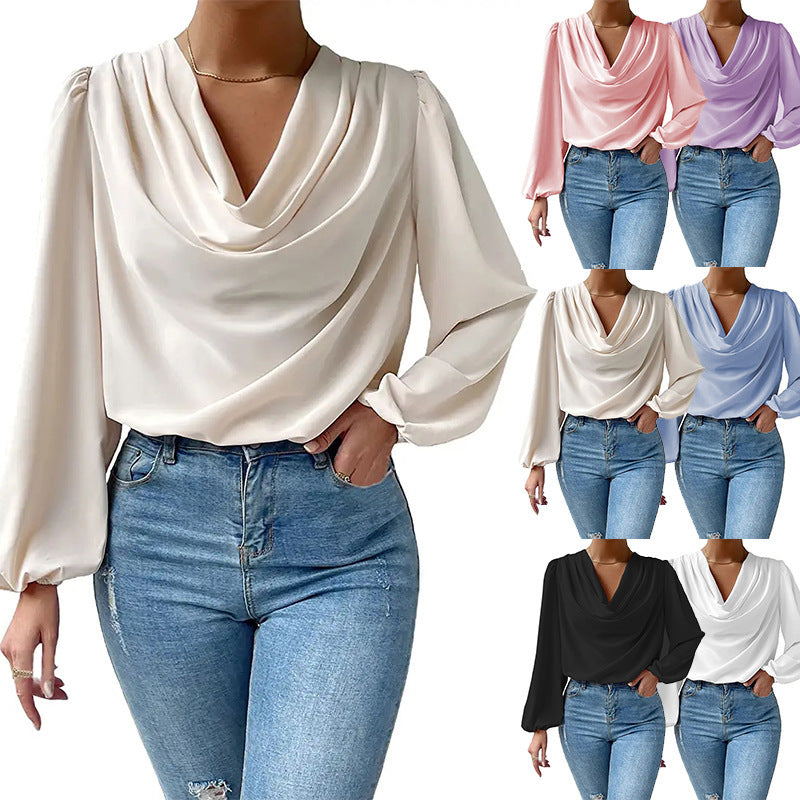 V Neck Chiffon Long Sleeve Shirt Loose Drape Style