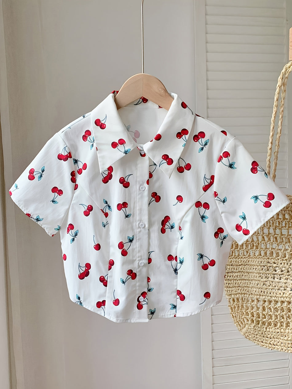 Elegant Cherry Print White Shirt for Women – Summer Style