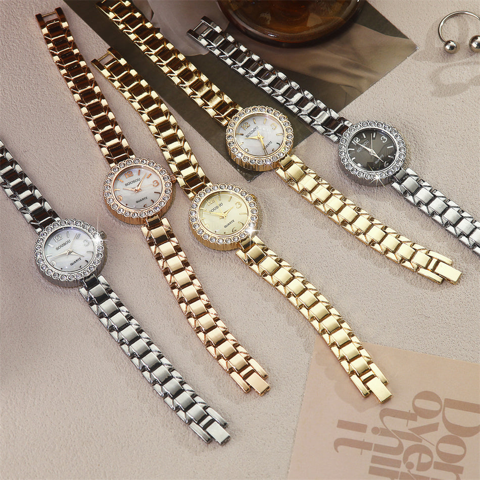 Diamond-Accented Women’s Quartz Watch Thin Alloy Strap
