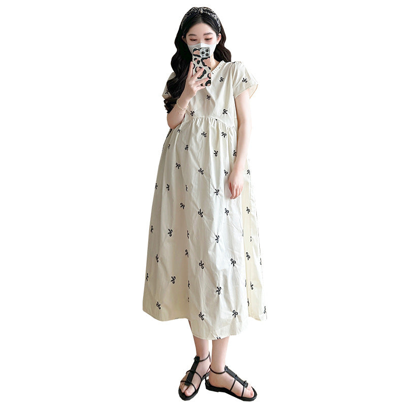 2025 Summer French V-Neck Maternity Embroidered Dress