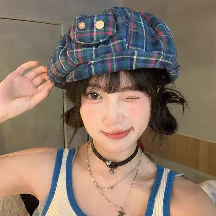 Plaid Cat Beret – Korean Retro Octagonal Hat
