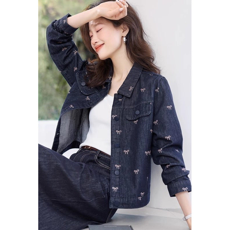 Women’s Retro Bow Print Denim Jacket