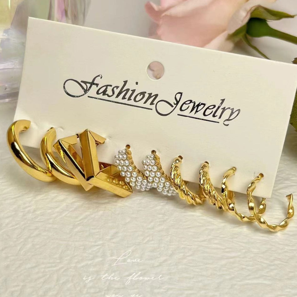 Retro Gold Geometric & Pearl Earrings Set – Fashionable Wholesale Diamond Earrings