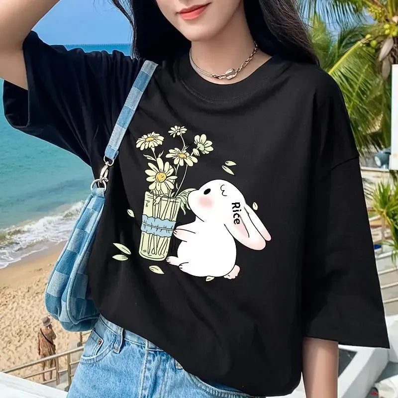 Plus-Size Korean-Style Artistic Printed T-Shirt