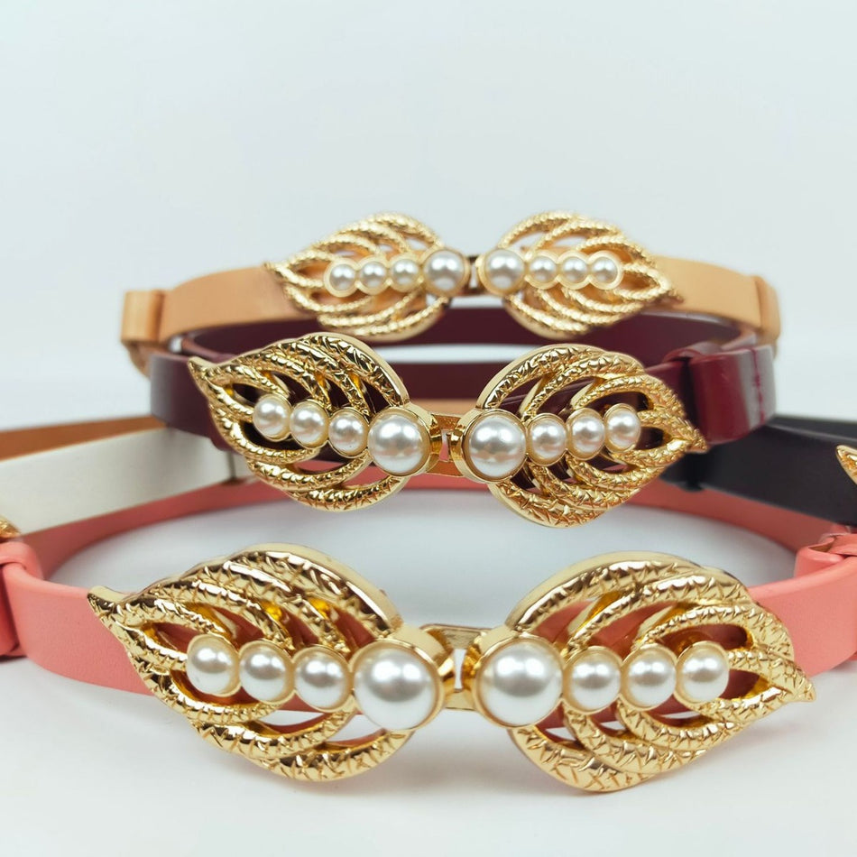Cowhide Leather Belt with Pearl Decoration – Women's Fashion