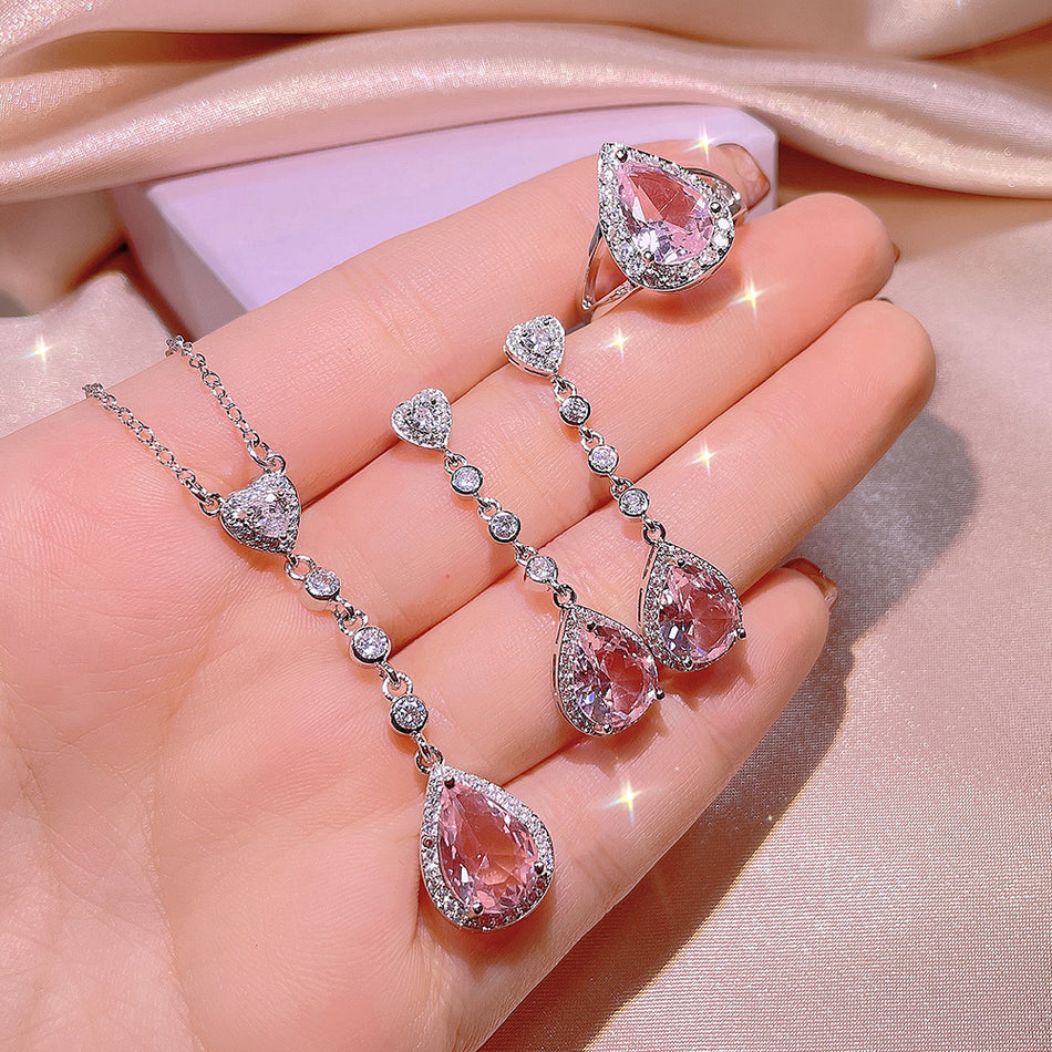 Pink Diamond Drop Pendant & Earrings Set – Colorful Women's Jewelry