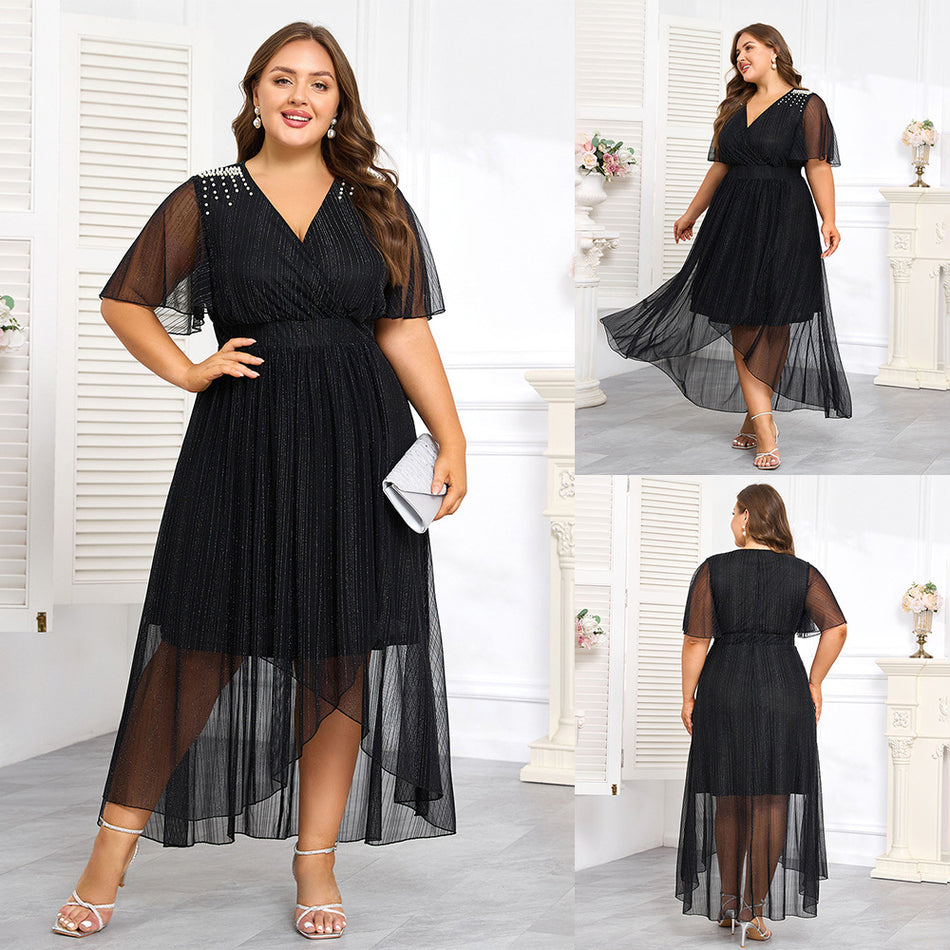 Plus Size Beaded High-Low Elegant Dress