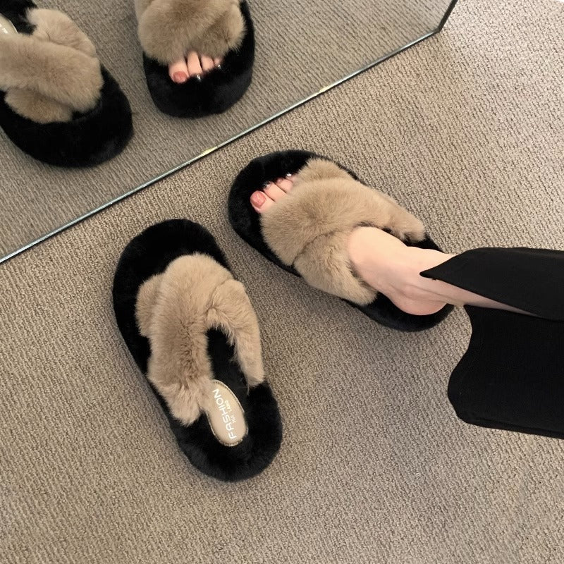 Fluffy Rabbit Fur Slippers – Thick-Soled