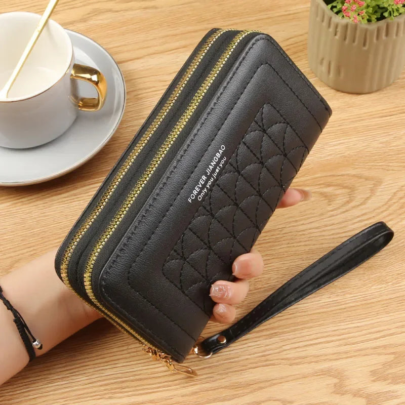 Double Zipper Embroidered Mobile Wallet Women