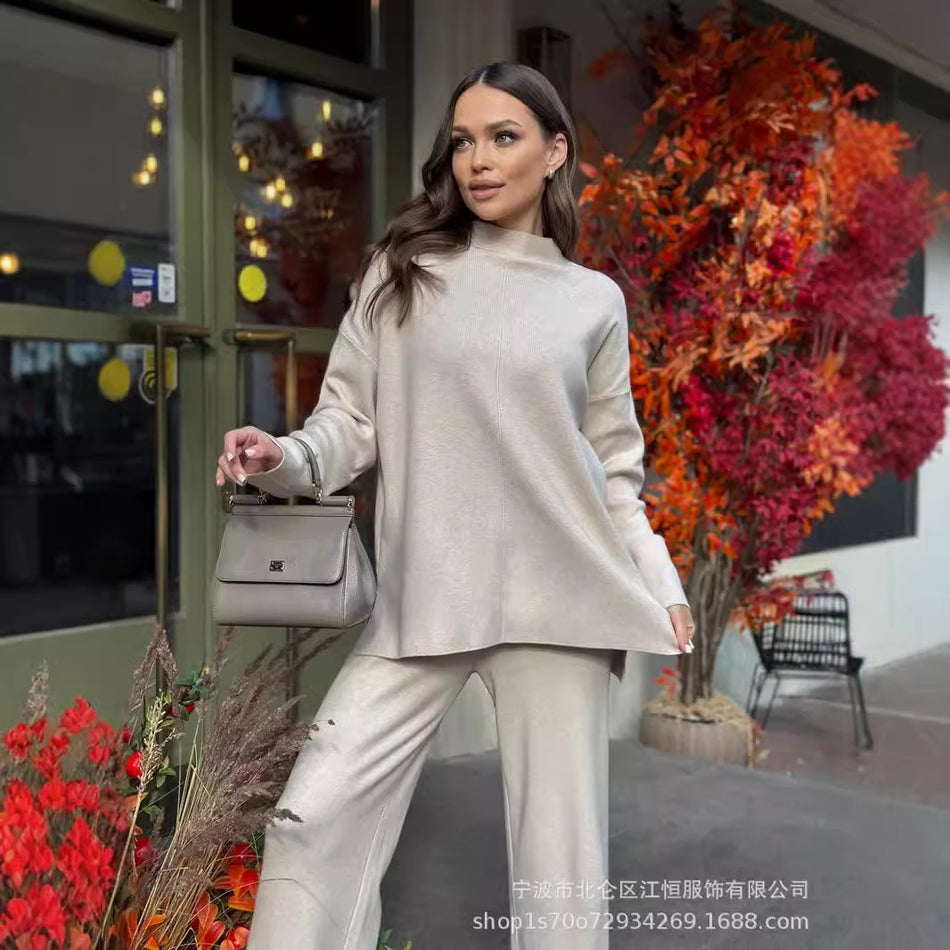 Women’s Pure Color Knit Suit Top + Pants Set