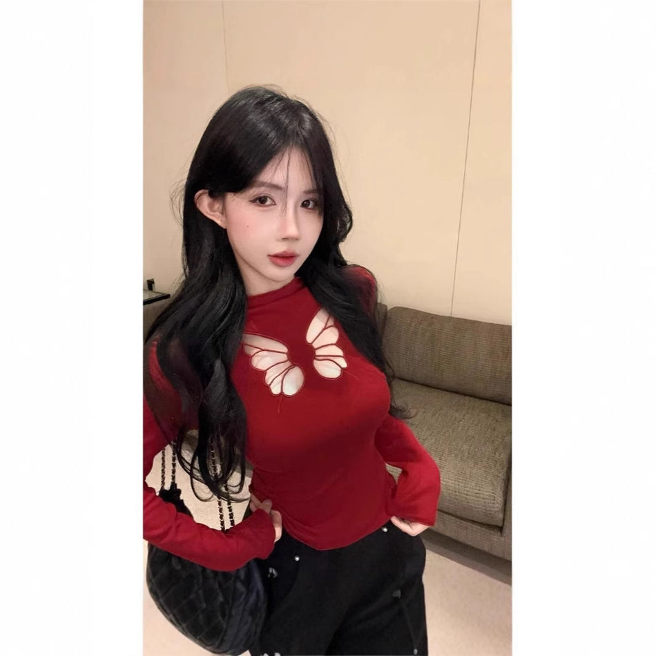 Butterfly Embroidered Slim Red Top – Half Collar