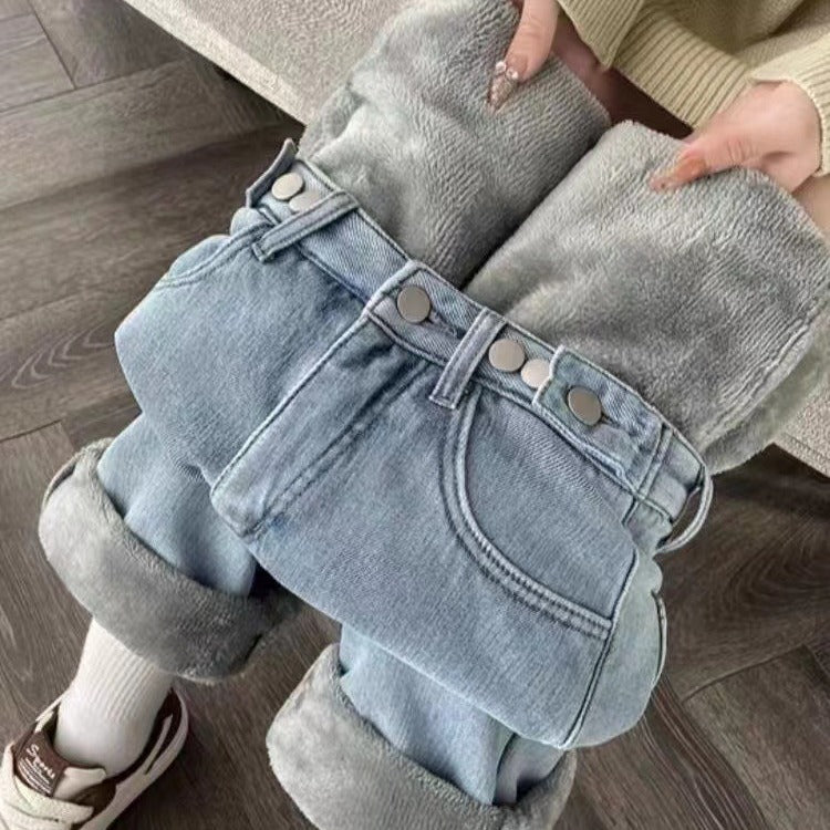 High-Waist Wide-Leg Fleece-Lined Winter Jeans