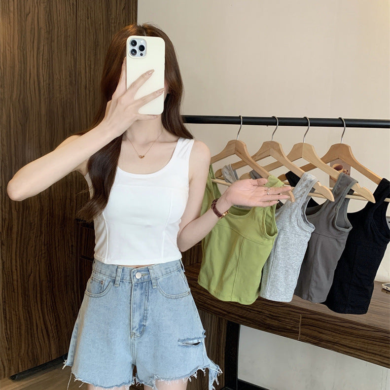 Women's Solid Color Camisole – Korean Style with Chest Pad
