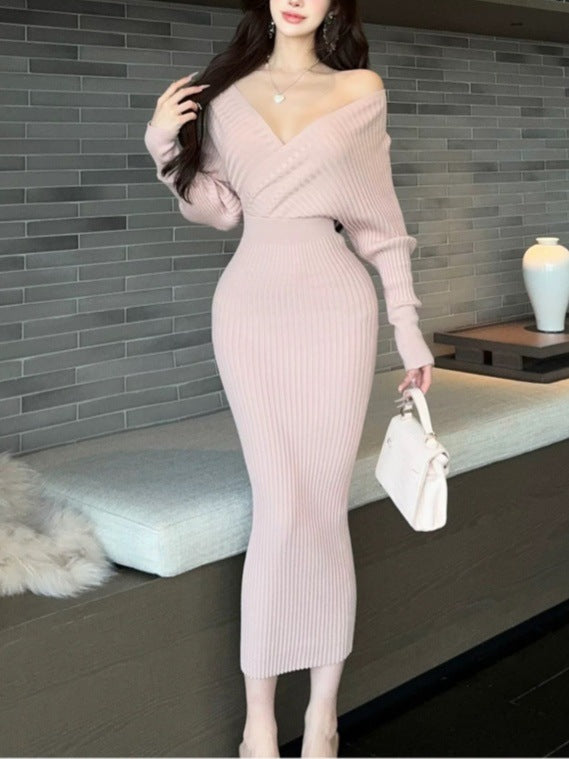 V Neck Knitted Long Sleeve French Waist Dress Women SeasonUp