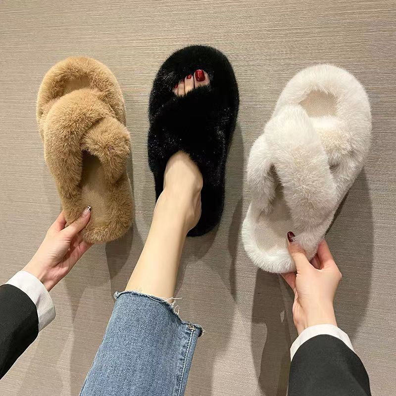 Cross Fur Platform Slippers for Women