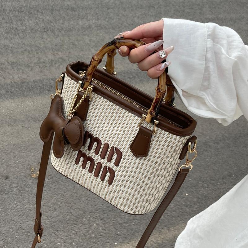 Straw Bucket Bag – Contrast Color Crossbody for Women