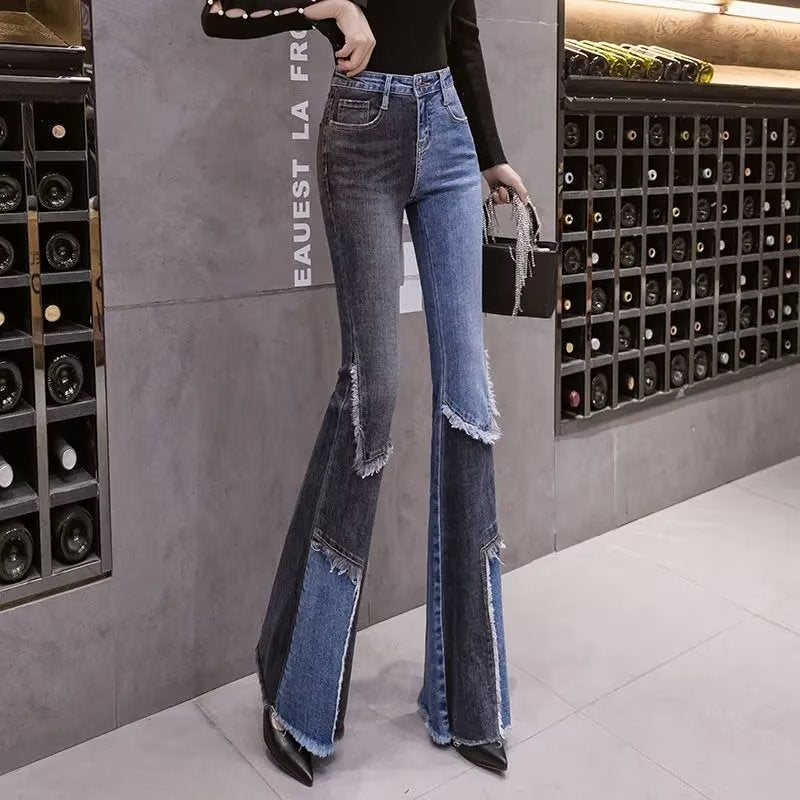 High-Waist Flared Jeans – Stretchy Frayed Wide-Leg Pants