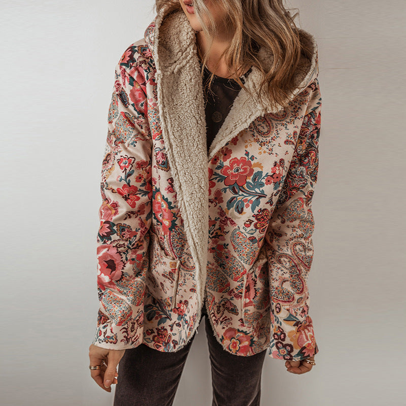 Women’s Velvet Hooded Paisley Printed Jacket