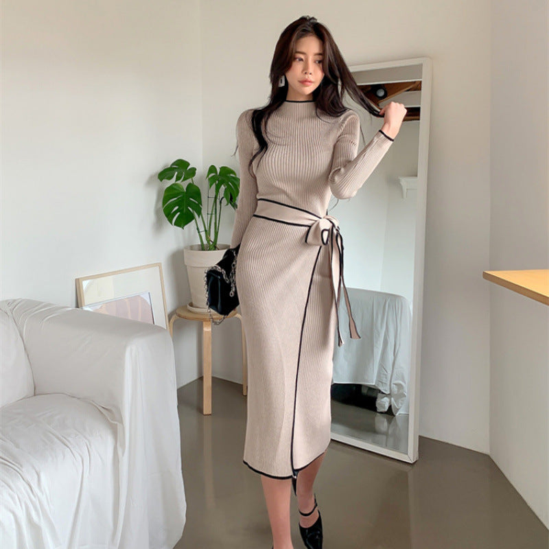 Women’s Korean-Style Half-Turtleneck Slim Knit Dress
