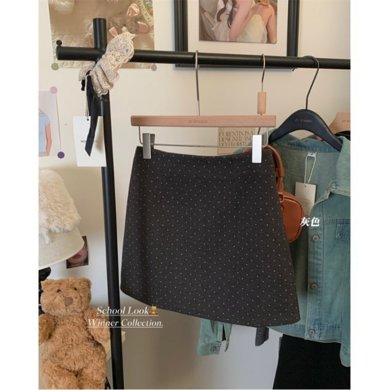 Grey Polka Dot Wool A Line Skirt High Waist Slim Fit