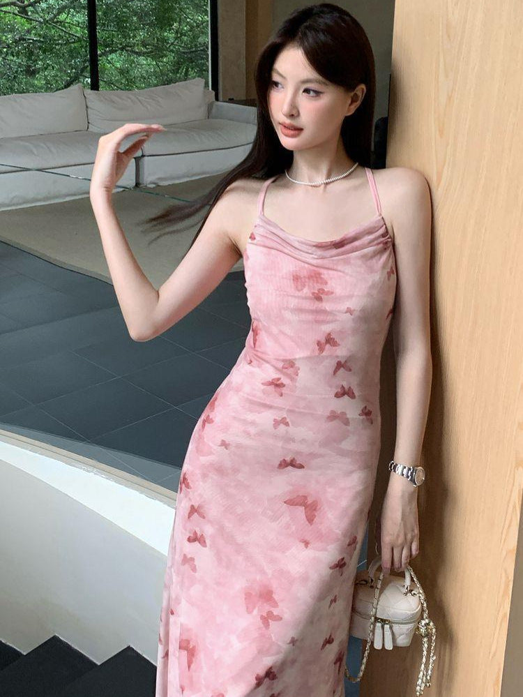 French Ruffled Butterfly Print Mesh Dress
