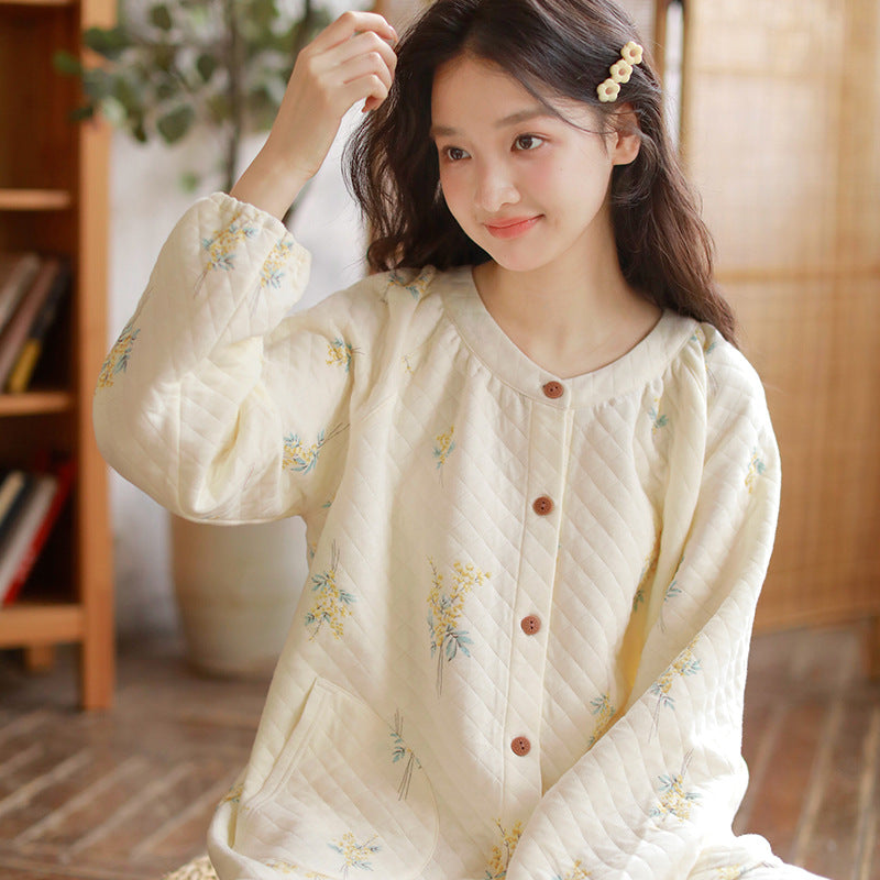 Women’s Autumn Winter Air Cotton Quilted Long-Sleeved Homewear Set
