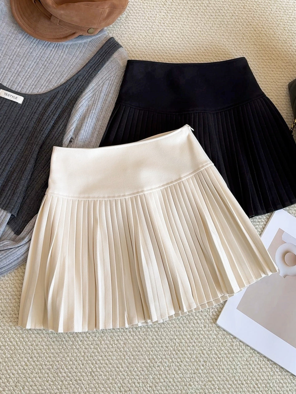 College Style Woolen High Waist Pleated A Line Skirt Fit Mod