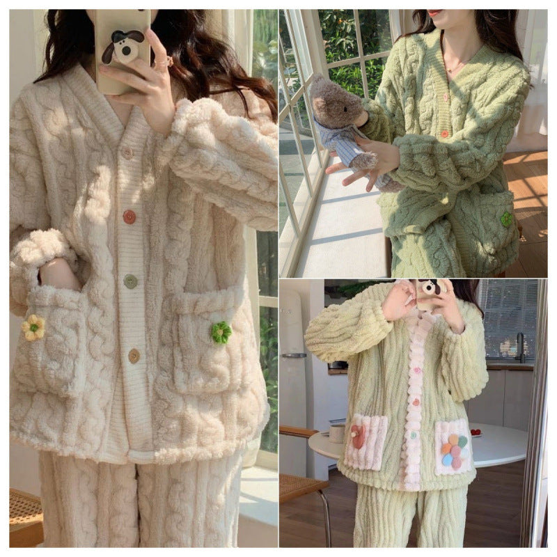 Women’s Coral Velvet Thickened Pajama & Cardigan Set