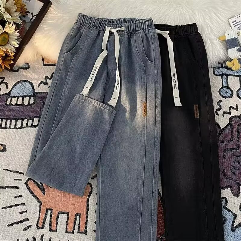 Unisex American Street Distressed Elastic Waist Jeans LooseL