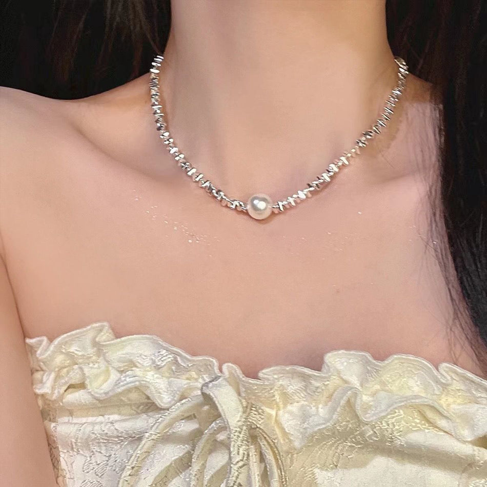 Broken Silver Pearl Clavicle Necklace Women